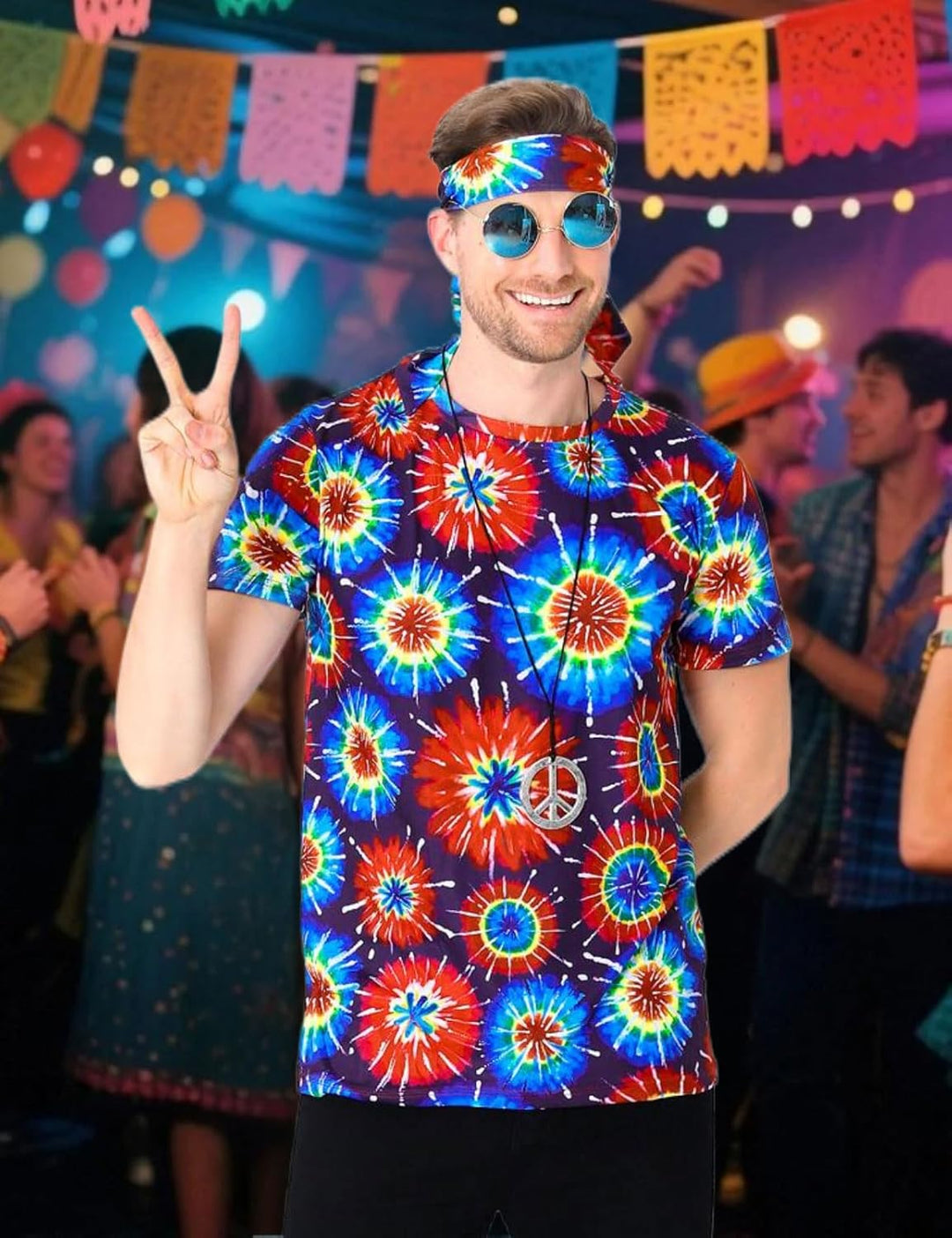 Herren 60er 70er Jahre Groovy Hippie Kostüm T-Shirts mit Stirnbänder M Mehrfarbig, M Mehrfarbig