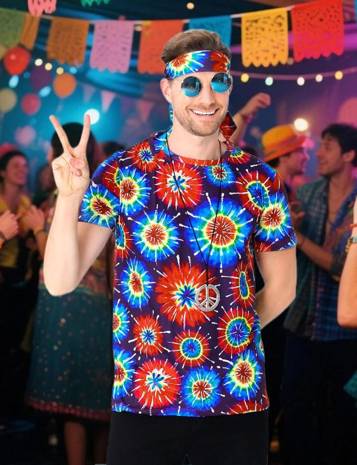 Herren 60er 70er Jahre Groovy Hippie Kostüm T-Shirts mit Stirnbänder M Mehrfarbig, M Mehrfarbig
