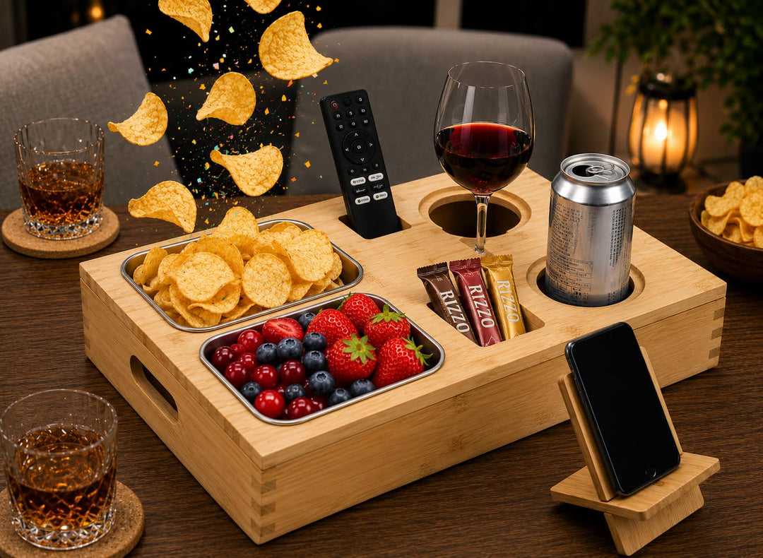 Zedelmaier Couchbar Snackbox aus Bambus, Couch Bar Snackbar mit 2 Snackschalen, 2 Getränkehalter mit
