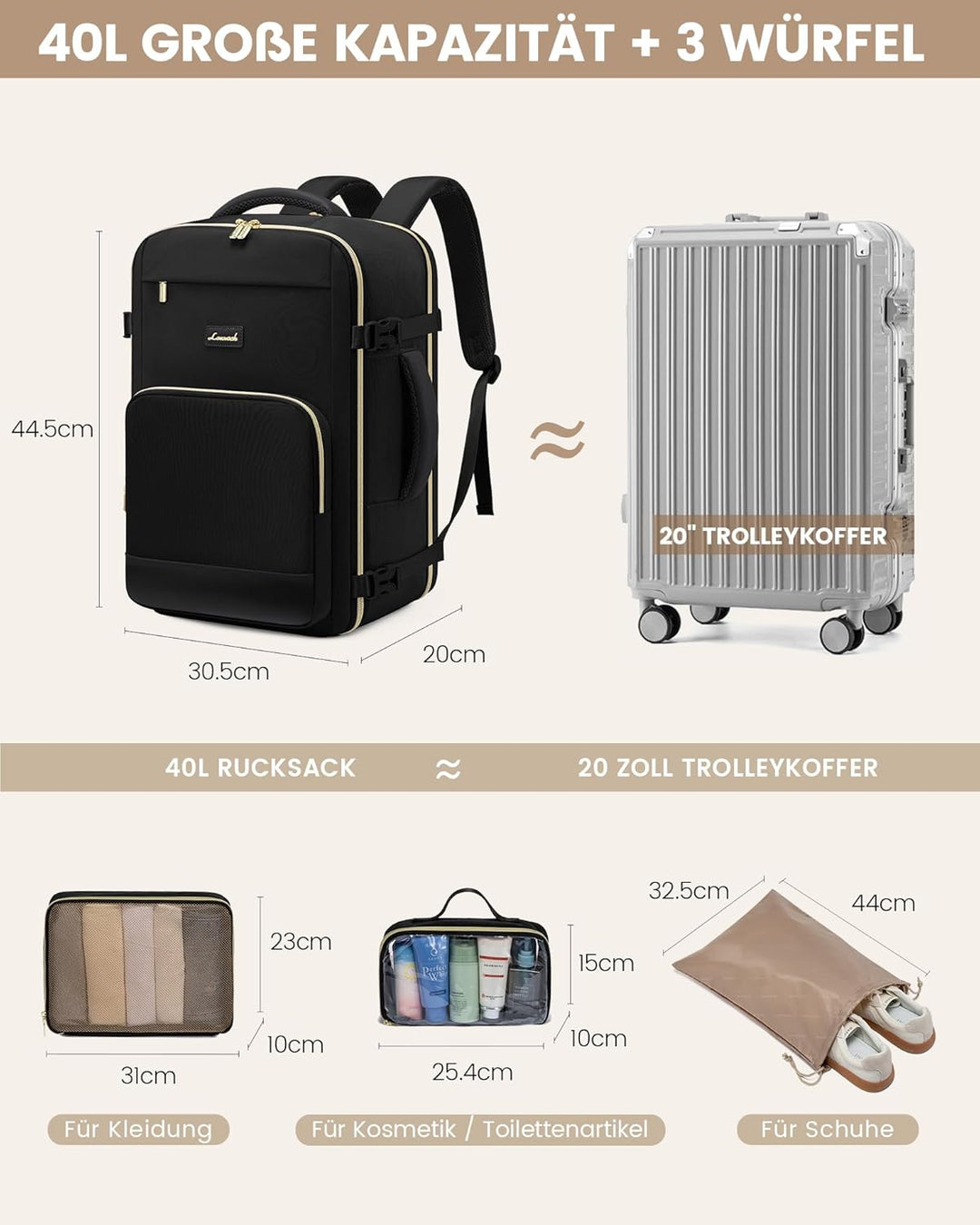LOVEVOOK Handgepäck Rucksack, Rucksack Handgepäck Flugzeug, Gross Reiserucksack Damen Spritzwasserfe