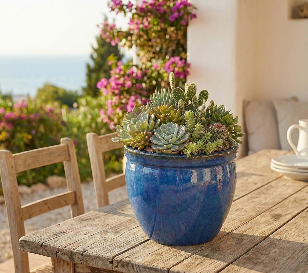 Pflanzgefäss Blumentopf Übertopf Fleur de LYS mit Lilie Keramik Blau Weiss Grau glasiert absolut Fro