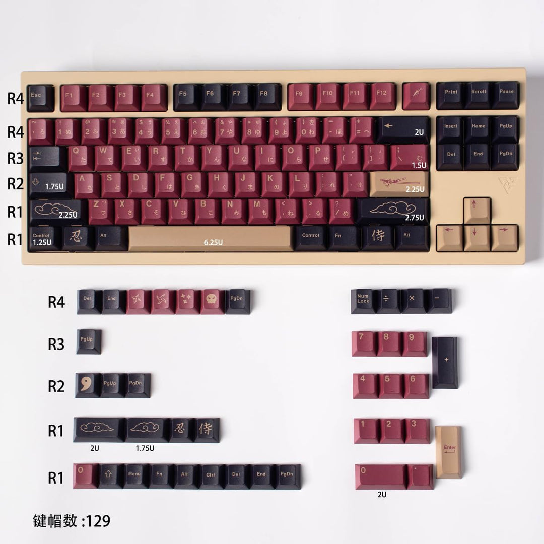 129 Tasten PBT Tastenkappen Dye Sub Cherry Profile Dye Sub Red Samurai Tastenkappen Set Fit for 61/6