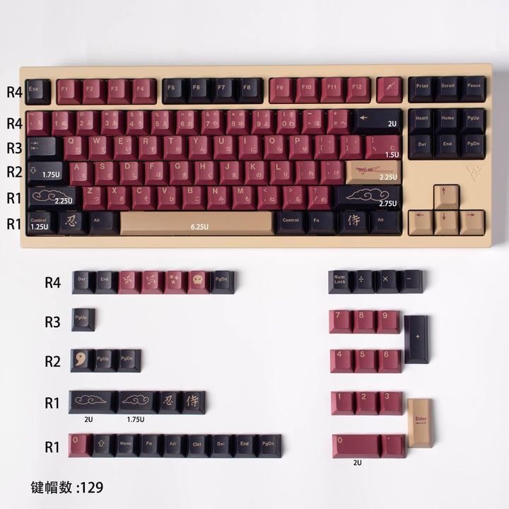 129 Tasten PBT Tastenkappen Dye Sub Cherry Profile Dye Sub Red Samurai Tastenkappen Set Fit for 61/6