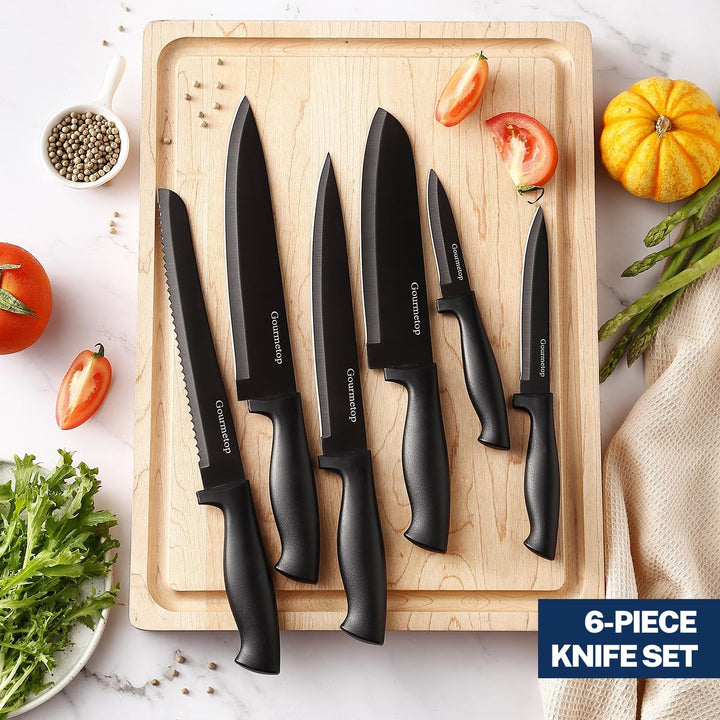 Gourmetop Kitchen Knife Set with No Drilling Magnetic Strip, Knives Set for Kitchen Black Cooking Kn
