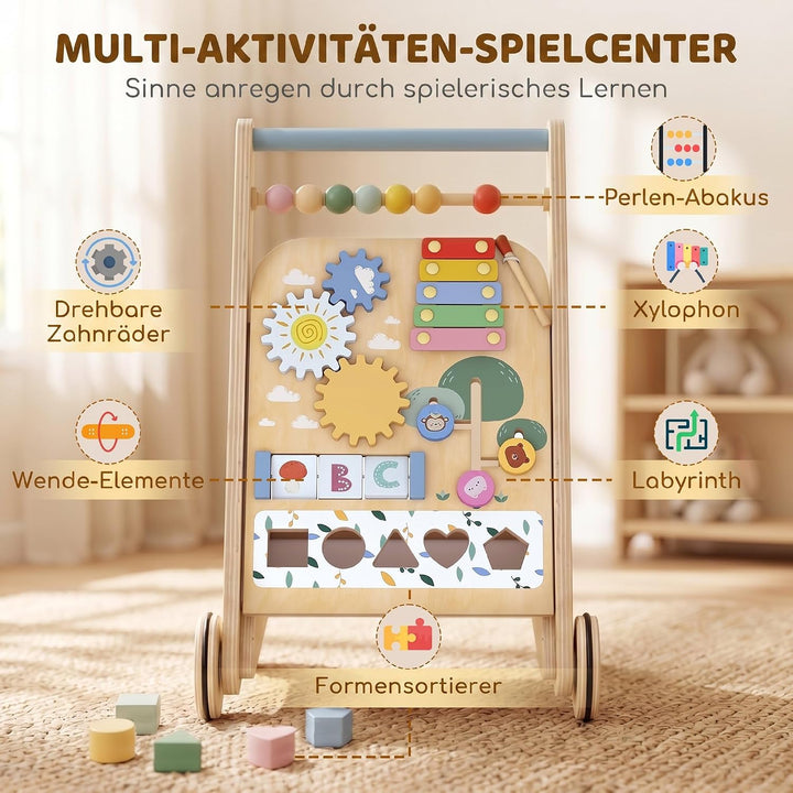 AIYAPLAY Baby Lauflernwagen Holz Gehhilfe mit Rädern ab 18 Monaten | Regulierbare Geschwindigkeit, L