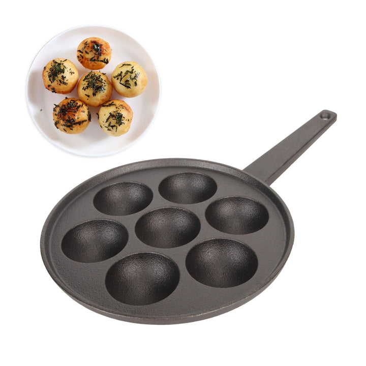 Tissting Takoyaki Pfanne Grillpfanne 7 Löcher 5,5cm Loch Antihaft Gusseisen Oktopus Pan mit Griff, P