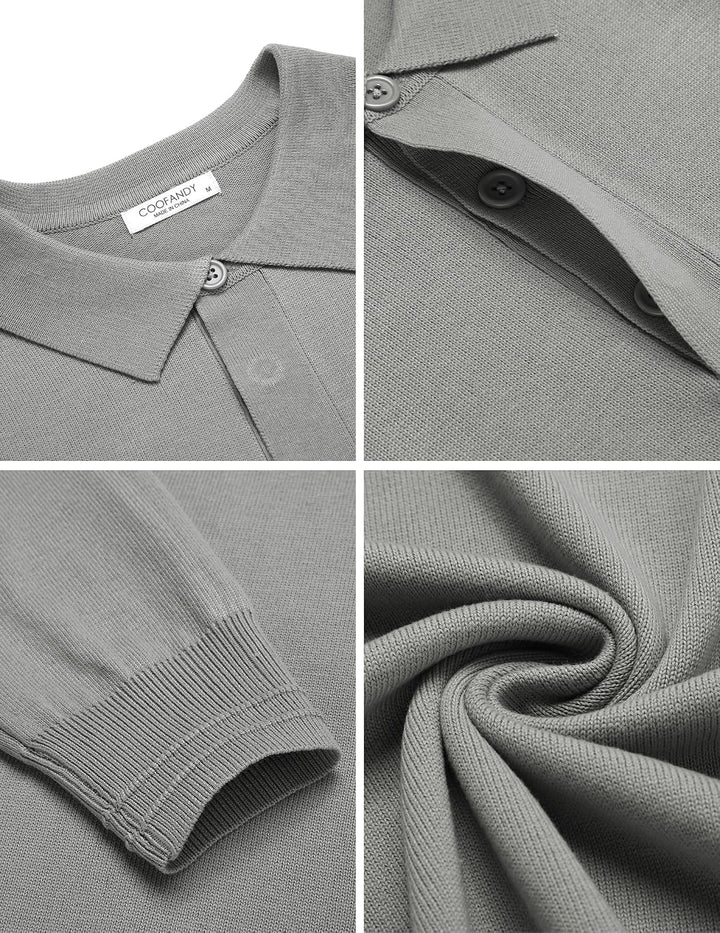 COOFANDY Strickpullover Herren Poloshirt Langarm Polo Pullover Pulli mit Polokragen Versteckte Knopf