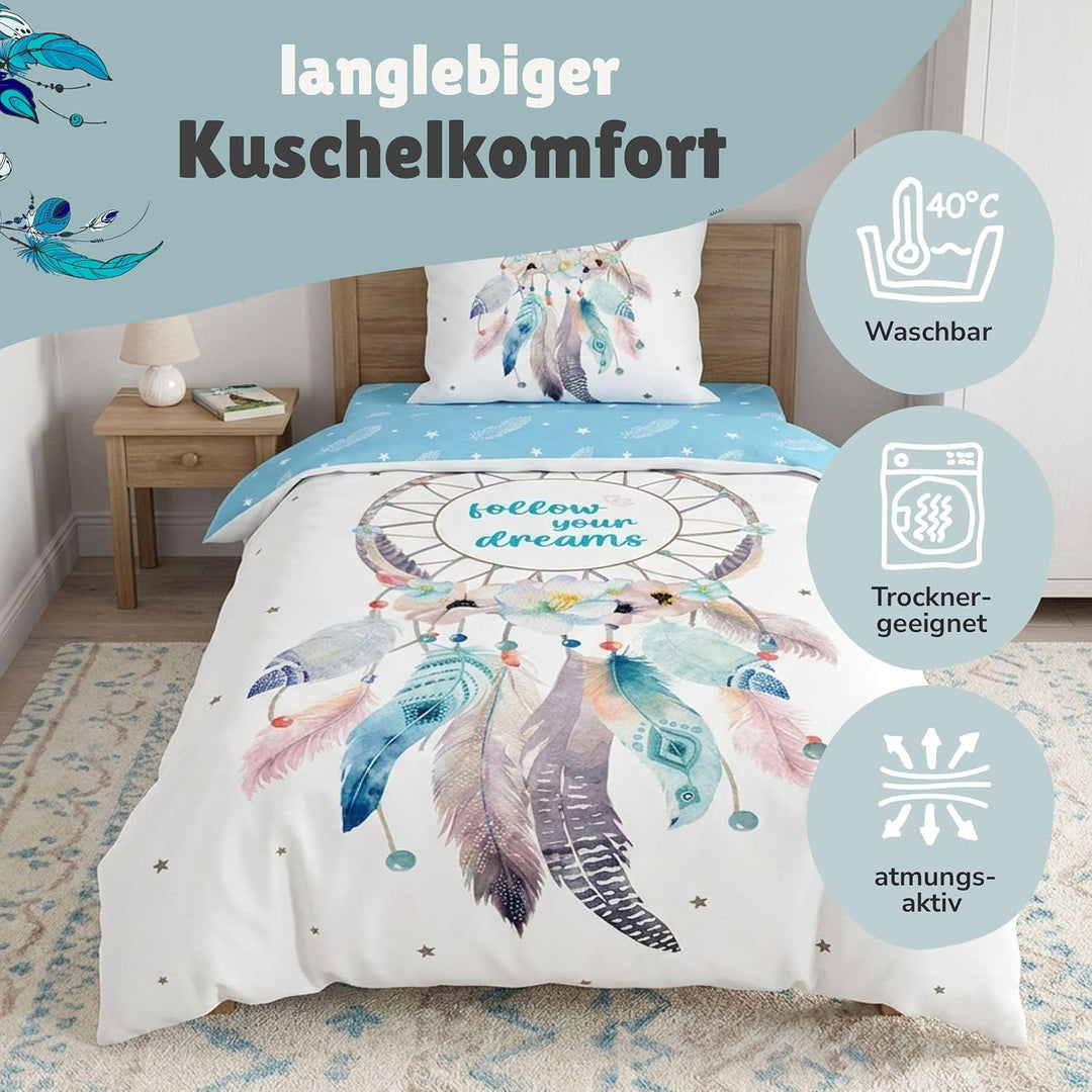 Familando Moderne Wende Bettwäsche-Set 135 x 200 cm 80 x 80 cm mit Traumfänger 100% Baumwolle Dream-