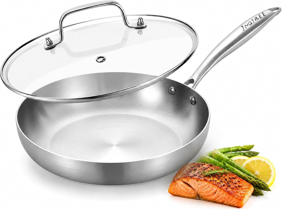 Inqibee Edelstahlpfanne Bratpfanne Unbeschichtet 26 cm mit Deckel - Pfanne Edelstahl, Stainless Stee