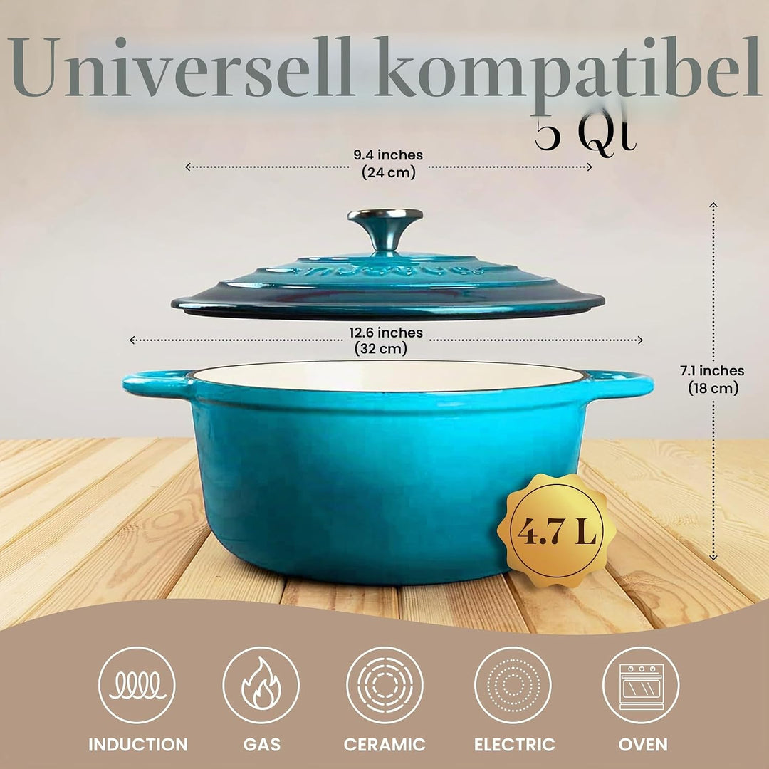 Gusseisen-Topf mit Deckel – Emaille-Schmortopf mit Antihaft, Ofenfest bis 260°C – Blau, 4.7 Liter, 2