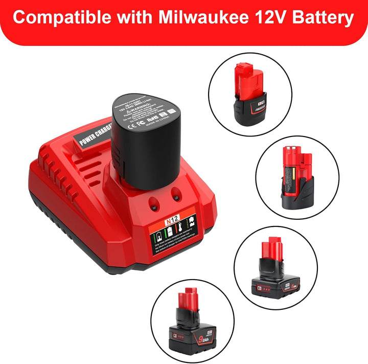 Ersatzladegerät für Milwaukee Ladegerät 12V Kompatibel mit Milwaukee Akku 12V 48-11-2401 48-11-2402