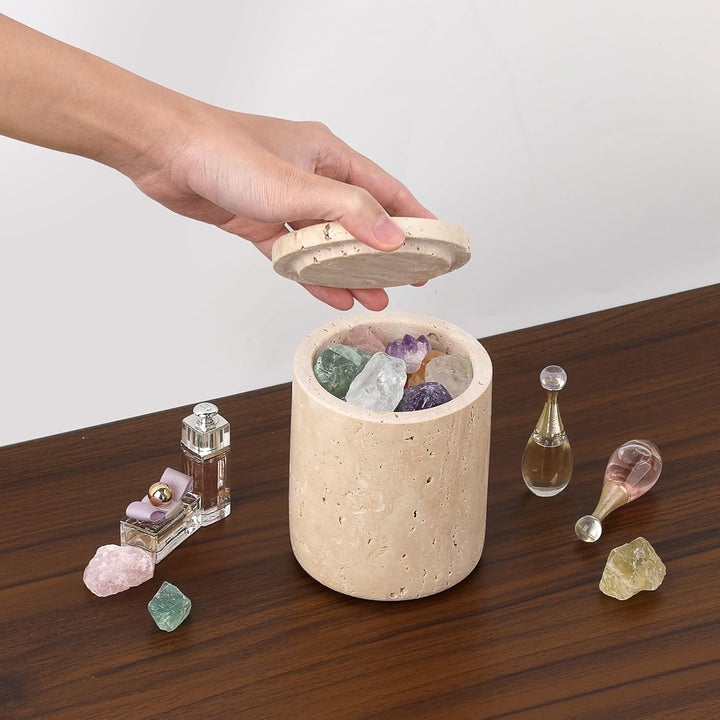 Travertin Rund Dose Modern Wattestäbchen Box Wattepadspender mit Deckel Make-up Tupferhalter für Bad