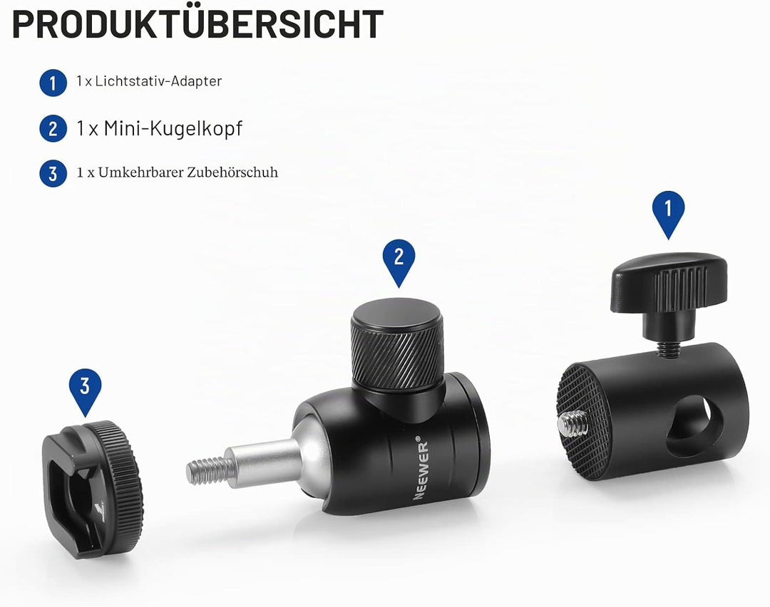 NEEWER 2X Stativ Montageadapter mit Zubehörschuh 1/4" Schraube Mini Kugelkopf, umkehrbare Montagepla