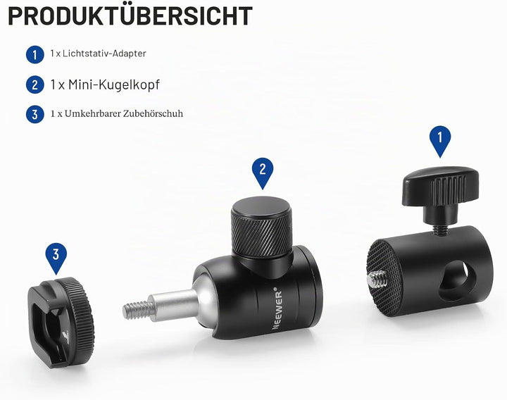 NEEWER 2X Stativ Montageadapter mit Zubehörschuh 1/4" Schraube Mini Kugelkopf, umkehrbare Montagepla