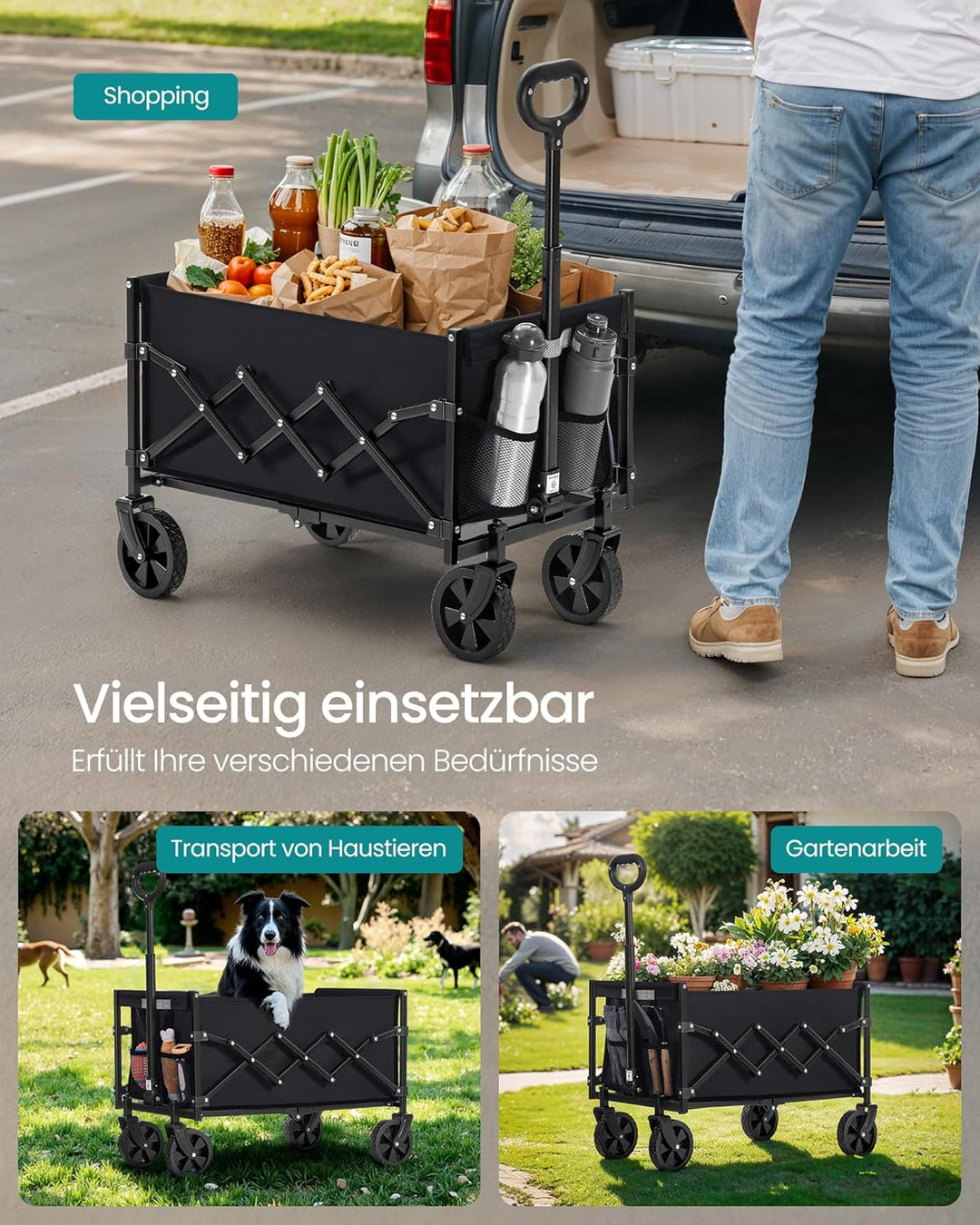 SONGMICS Kleiner Handwagen faltbar, Gartenwagen, kompakt, mit Griff, mit 4 verstärkten Rollen, Davon