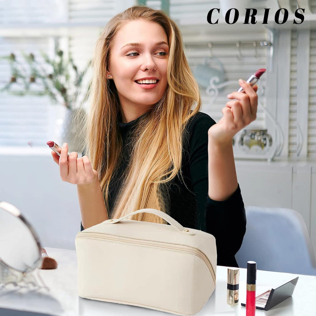 CORIOS Grosse Kapazität Kosmetiktasche Wasserdicht Kulturtasche Leder Schminktasche Multifunktions K