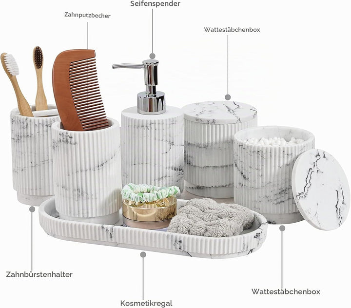 Badezimmer Set 6-TLG | Seifenspender + Zahnputzbecher mit Tablett &amp; Wattestäbchenbox | Design Streif
