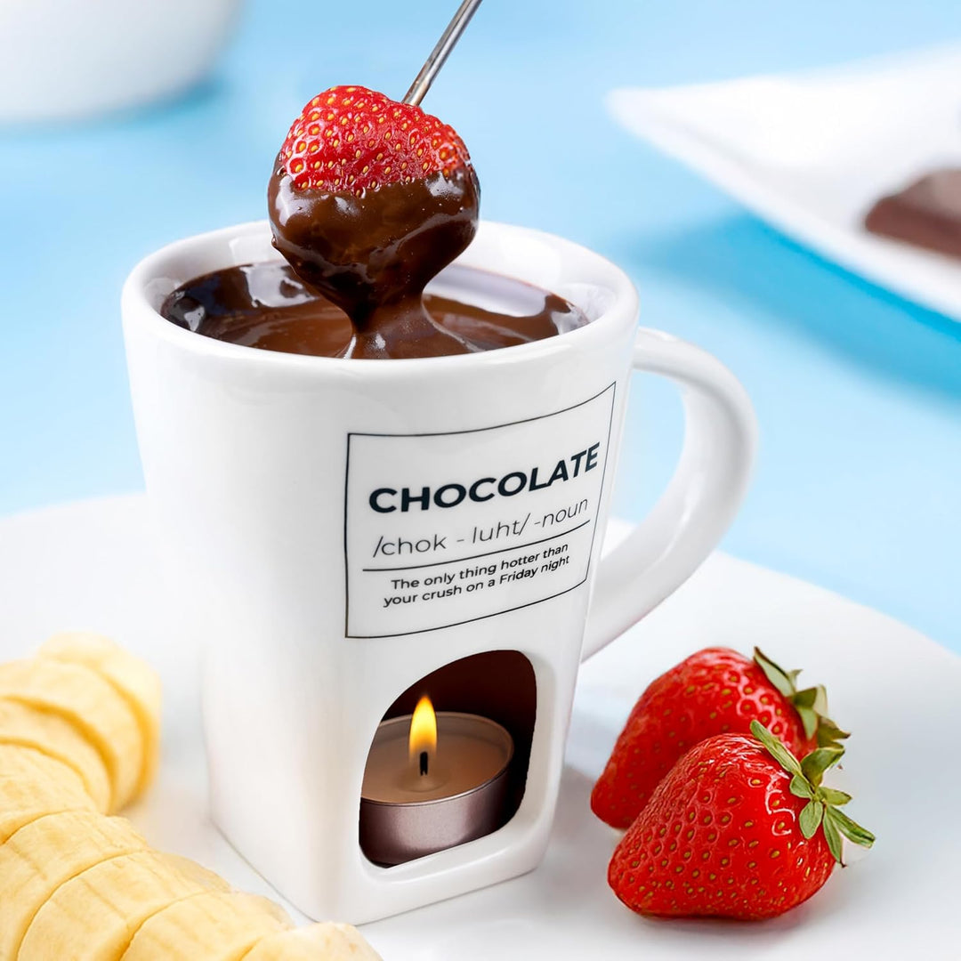 Fisura - Fondue Tasse für Schokolade und Käse, weisse Keramiktasse 140 ml mit Gabel, originelle Gesc