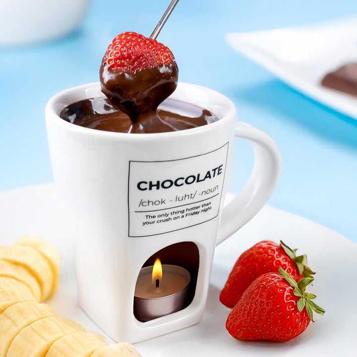 Fisura - Fondue Tasse für Schokolade und Käse, weisse Keramiktasse 140 ml mit Gabel, originelle Gesc