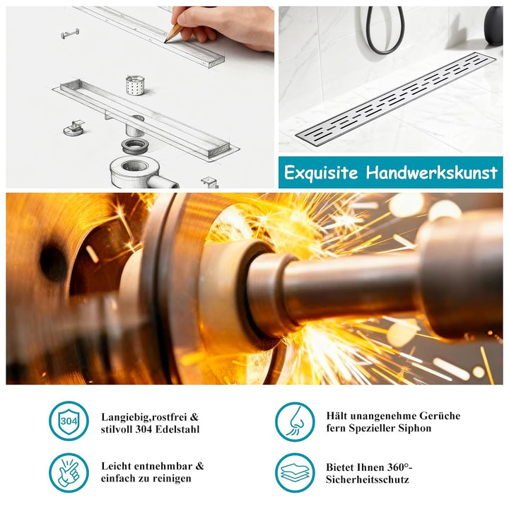 Duschrinne 600 x 70 mm Edelstahl 304, Siphon mit Geruchsstop und Haarsieb, 304 Edelstahl Ablaufrinne