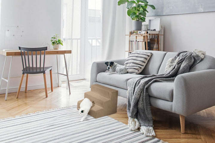 Mg Design Hundetreppe 3 Stufen in Hellbraun – Stabiler Holzrahmen, gelenkschonend, leicht &amp; mobil, f
