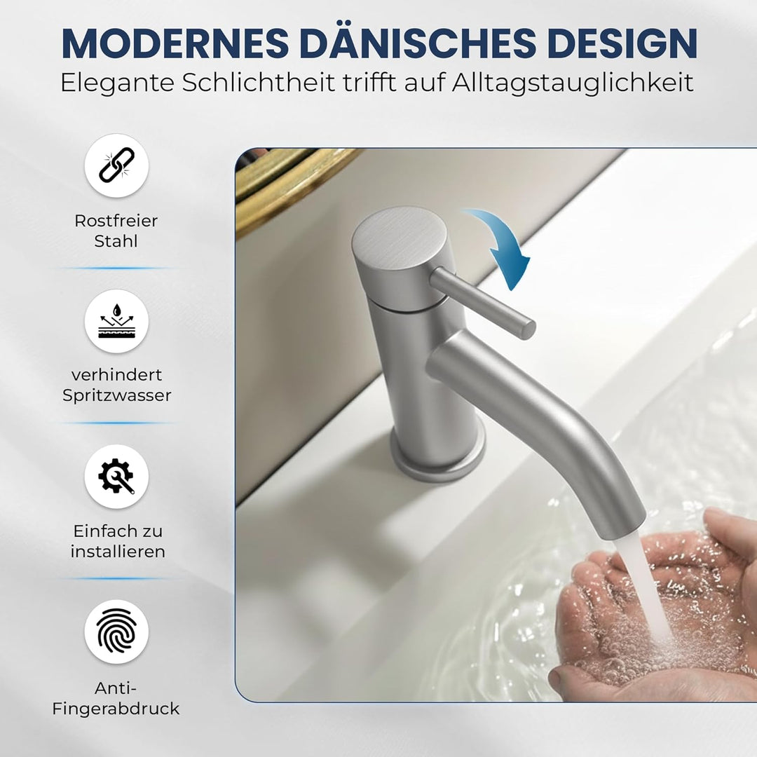 Søvang Wasserhahn Bad – Waschtischarmatur 18,3 cm, Waschbeckenarmatur Gebürsteter Edelstahl, Anti-Fi