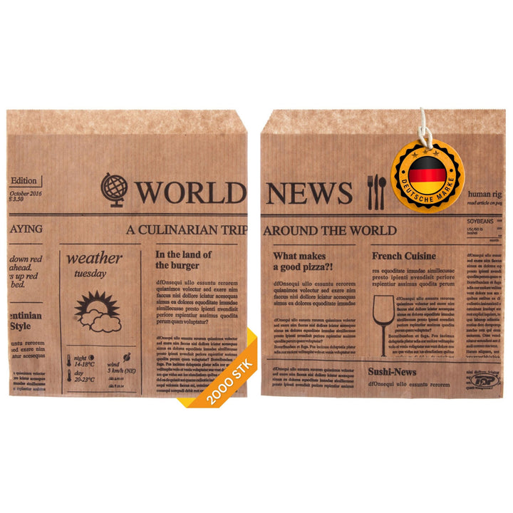 Snacktaschen/Hamburgertaschen Snackbeutel Newspaper aus Kraftpapier Hamburger-Tüten, 2-seitig offen