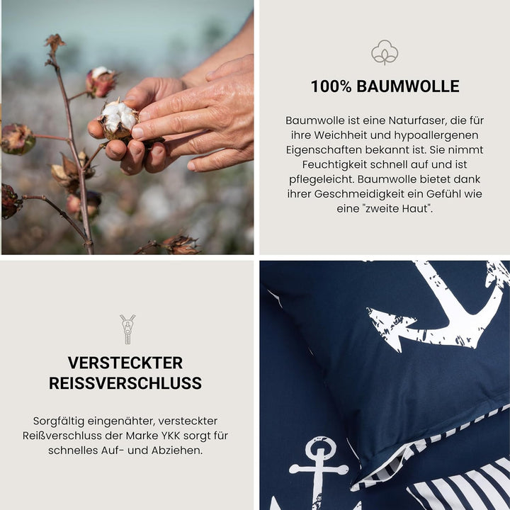 Schiesser Wende-Bettwäsche-Set Marina aus weicher Baumwolle in maritimem Look, Farbe:Marine und Weis