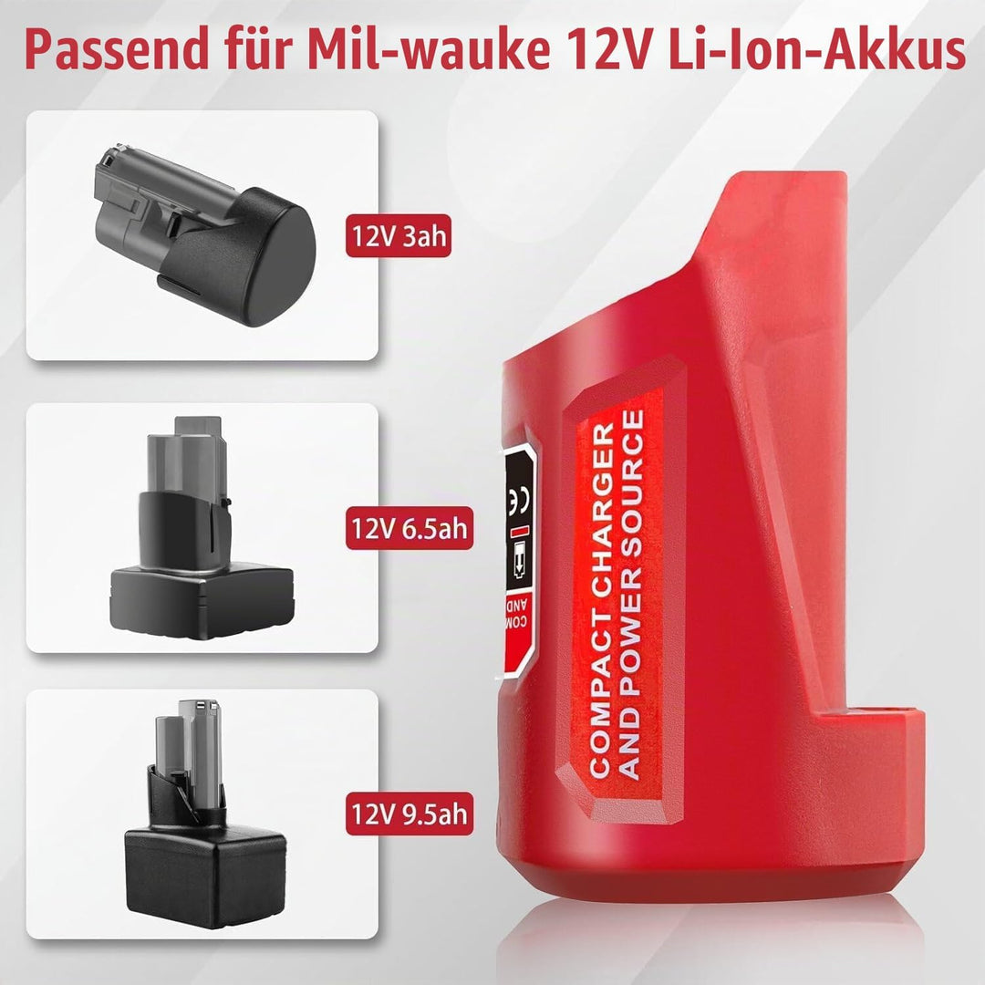 M12 Akku Ladegerät mit Typ-C Anschluss &amp; DC 12V Ausgang, Ersatz-Netzteil für Milwaukee M12 12V Akku