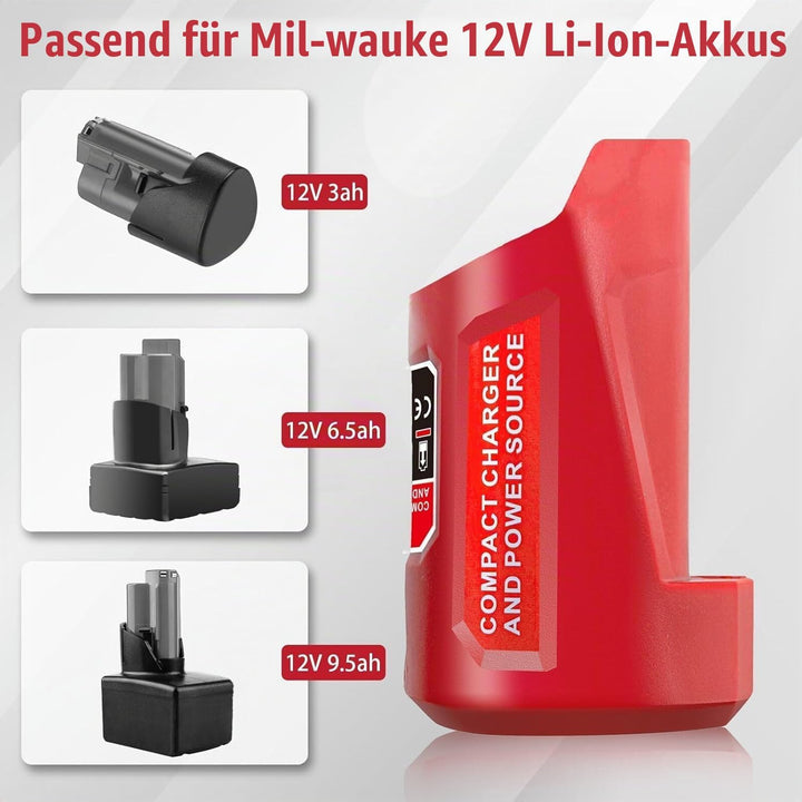 M12 Akku Ladegerät mit Typ-C Anschluss &amp; DC 12V Ausgang, Ersatz-Netzteil für Milwaukee M12 12V Akku