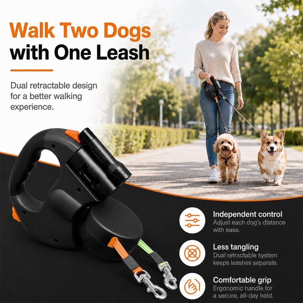Doppelte Einziehbare Hundeleine, 3M Flexible Einziehbare Hundeleine Doppelleine fur Zwei Hunde mit L