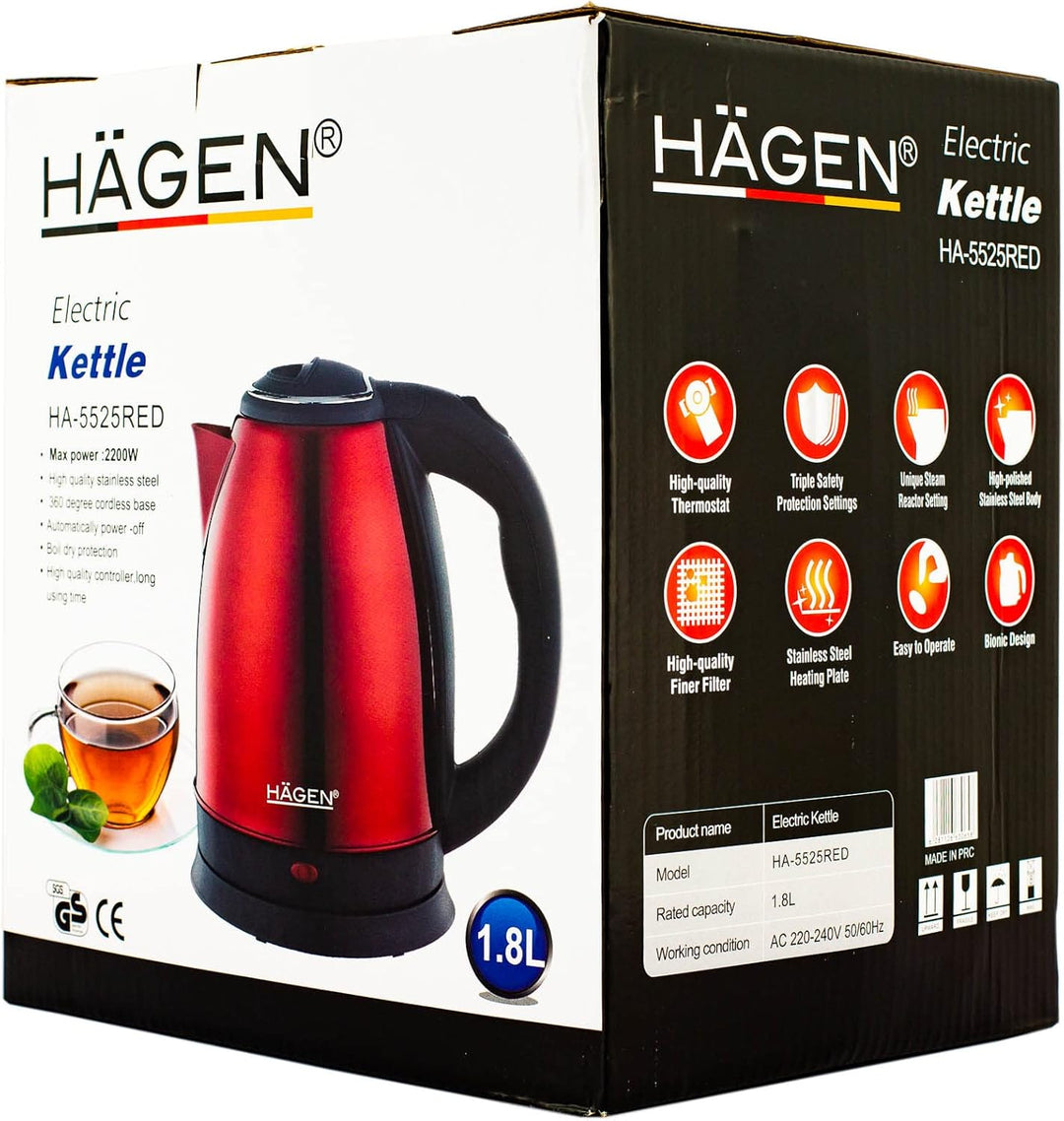 Hagen - Edelstahl -Elektrischer- Kabelloser Wasserkocher -1.8L HAGEN HA5525-RED-Rot, Red