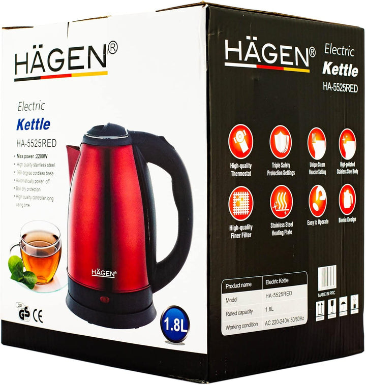 Hagen - Edelstahl -Elektrischer- Kabelloser Wasserkocher -1.8L HAGEN HA5525-RED-Rot, Red