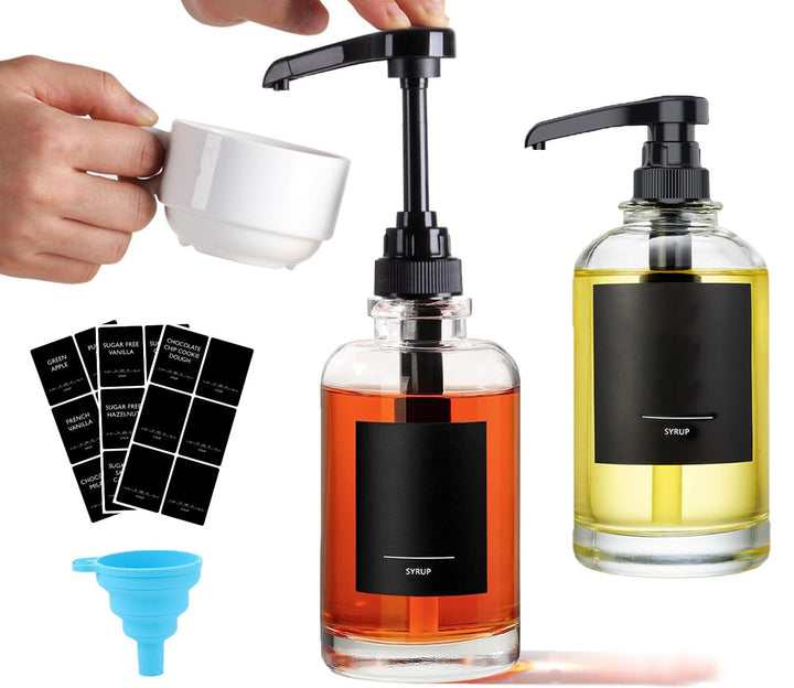 AXIM Kaffeesirupspender, 2 Stück, 500 ml, Glas-Sirupspender mit Etiketten und Trichter, Kaffeebar-Or