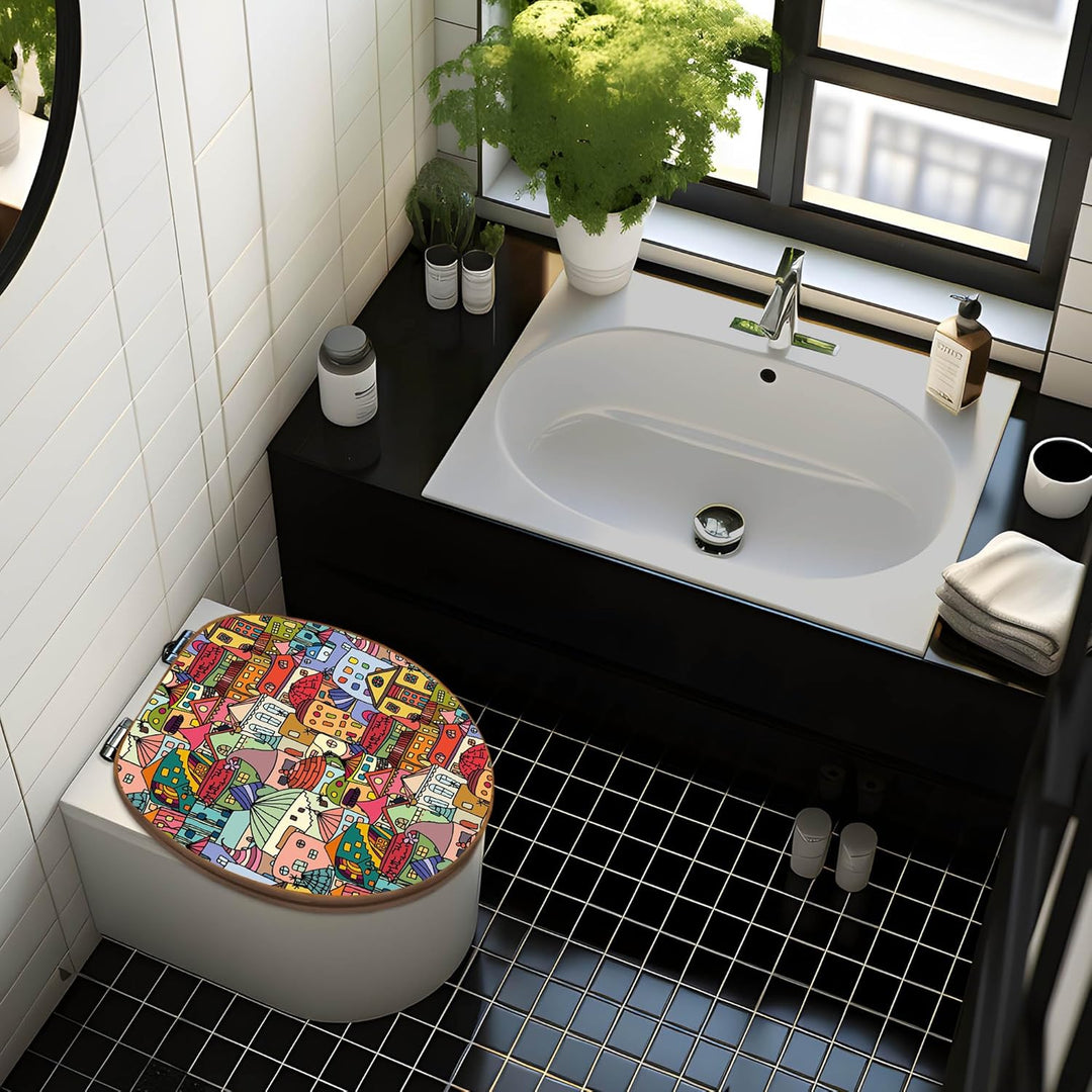banjado® Design WC Sitz Bambus Absenkautomatik mit Motiv Funky Town/Toilettendeckel mit Absenkautoma