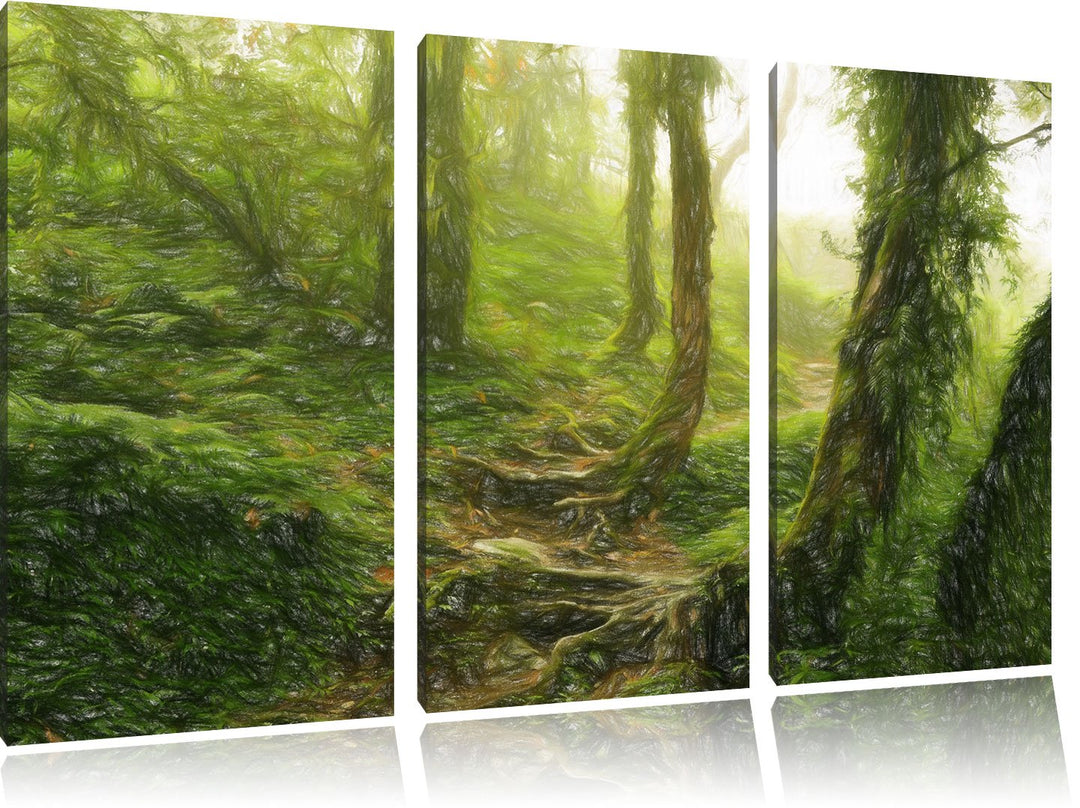 Pixxprint Unberührter Regenwald Bunstift Effekt 3-Teiler Leinwandbild 120x80 Bild auf Leinwand