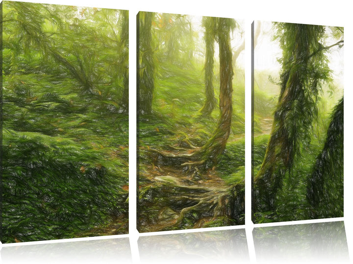 Pixxprint Unberührter Regenwald Bunstift Effekt 3-Teiler Leinwandbild 120x80 Bild auf Leinwand
