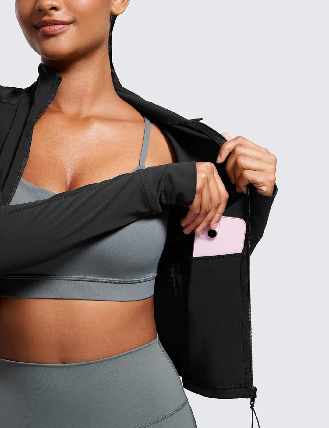 CRZ YOGA Damen Butterluxe Full Zipper Sport Jacke Zip Tasche Crop Running Laufjacke Gym Langarmshirt