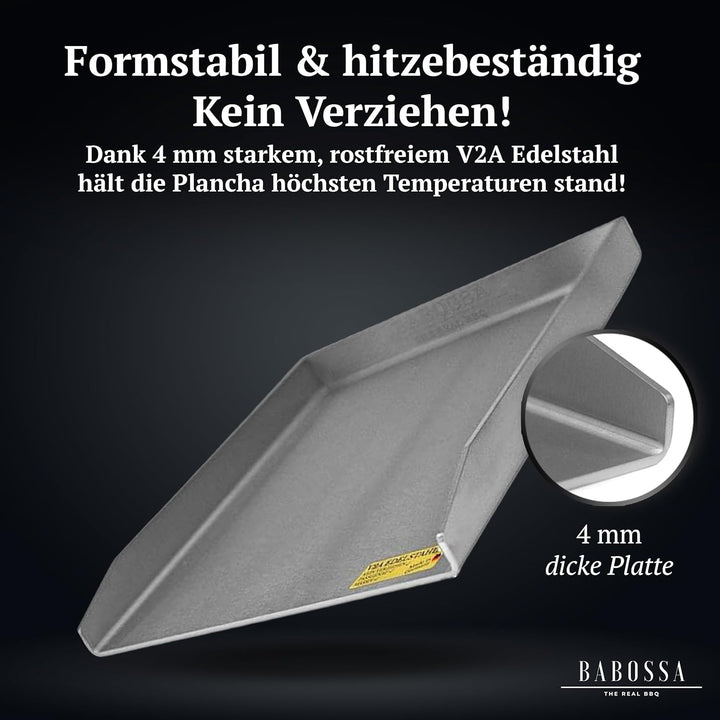 BABOSSA Grill Plancha aus V2A Edelstahl – Erstklassige Verarbeitung & perfekte Hitzeverteilung – kom