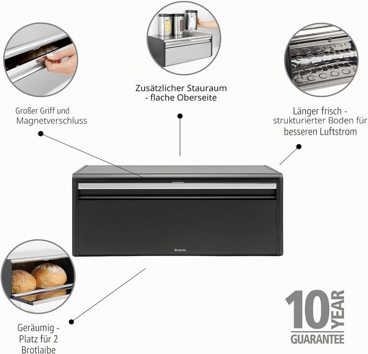 Brabantia Klappbrotkasten - Grosse Aufbewahrungsbox für Brot, Bagels, Brötchen - Platzsparendes Desi