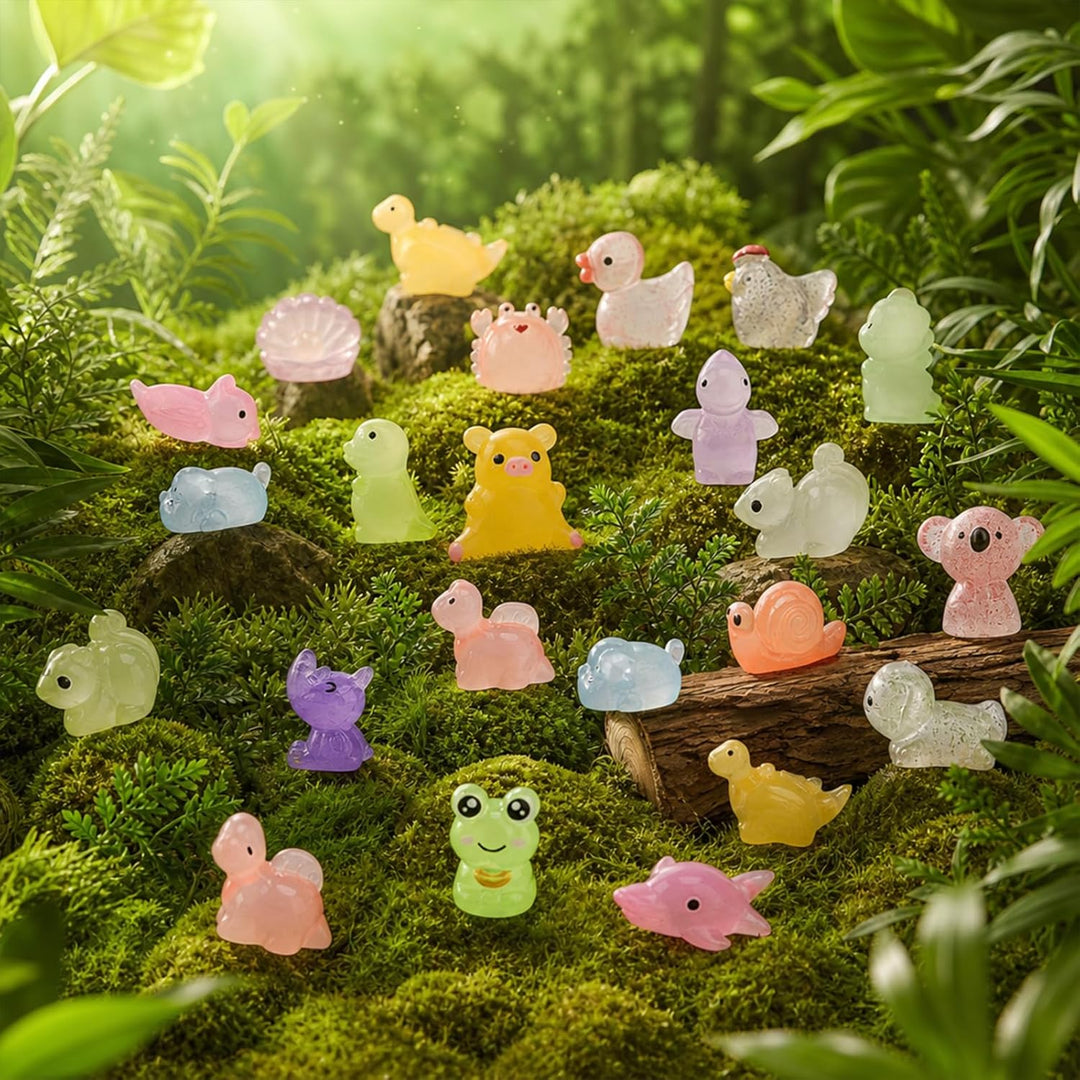 100 Stück Mini Harz Tiere, Miniatur Figuren Leuchtende Bunte Kleine Tierfiguren Kaninchen Enten Hai