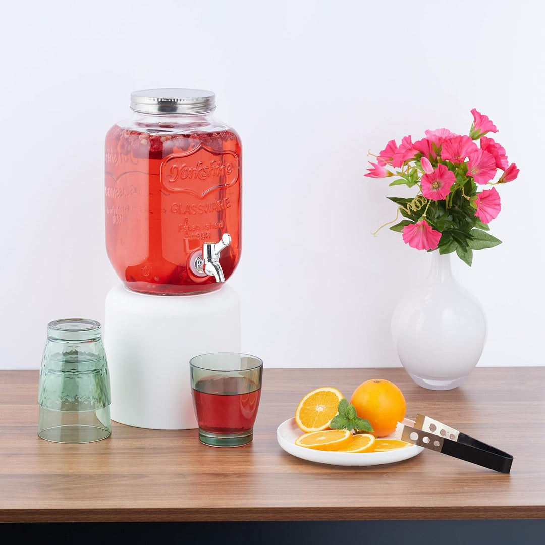 Relaxdays Getränkespender 2er Set, Limobehälter 4L, Zapfhahn und Deckel, Wasserspender, Glas & Kunst