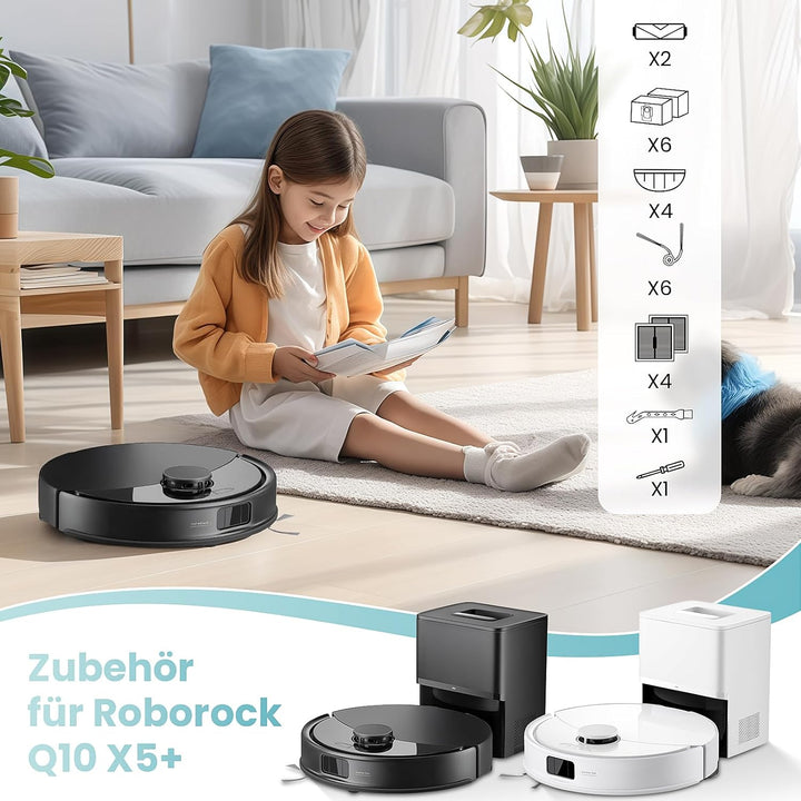 24 Stück Zubehör für Roborock Q10 X5+ Saugroboter, Ersatzteil mit 6 Staubbeutel 6 Seitenbürsten 4 Wi