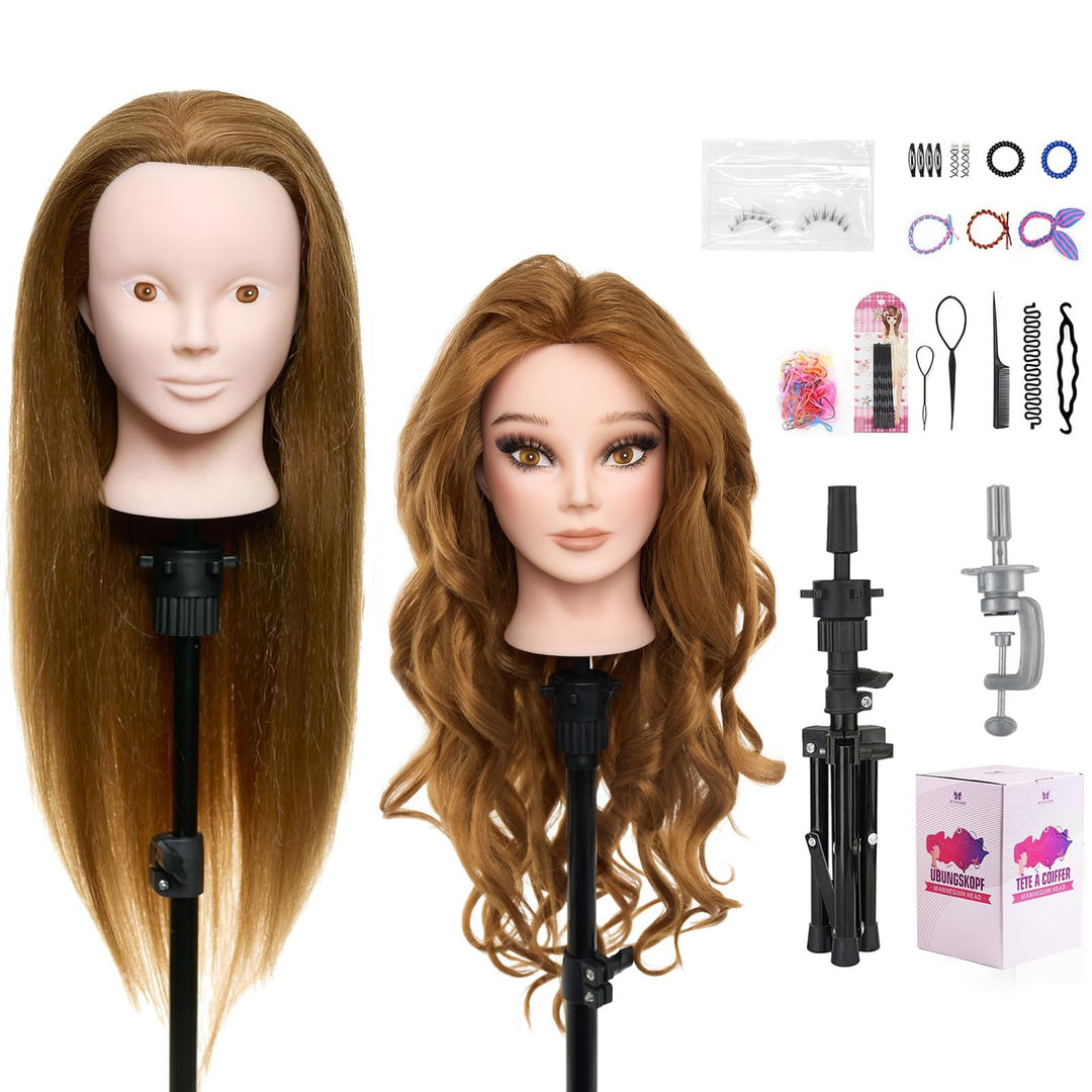 Neverland 24 Zoll Schminkkopf Frisierkopf Friseur mit Ständer 80% Echthaar Haar Übungskopf Trainings
