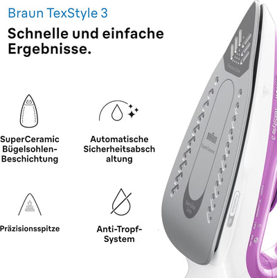 Braun TexStyle 3 SI 3030 PU Dampfbügeleisen - Bügeleisen mit FreeGlide 3D Bügelsohle, Selbstreinigun