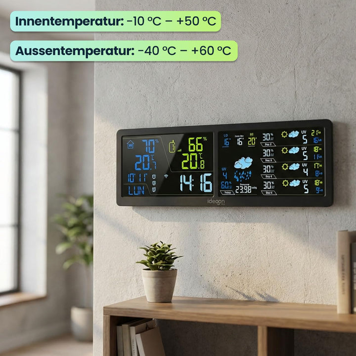 ideoon WLAN Wetterstation mit App & XXL Display: Tuya Smart Home, Aussen-Sensor, Weck-Alarm - Temper