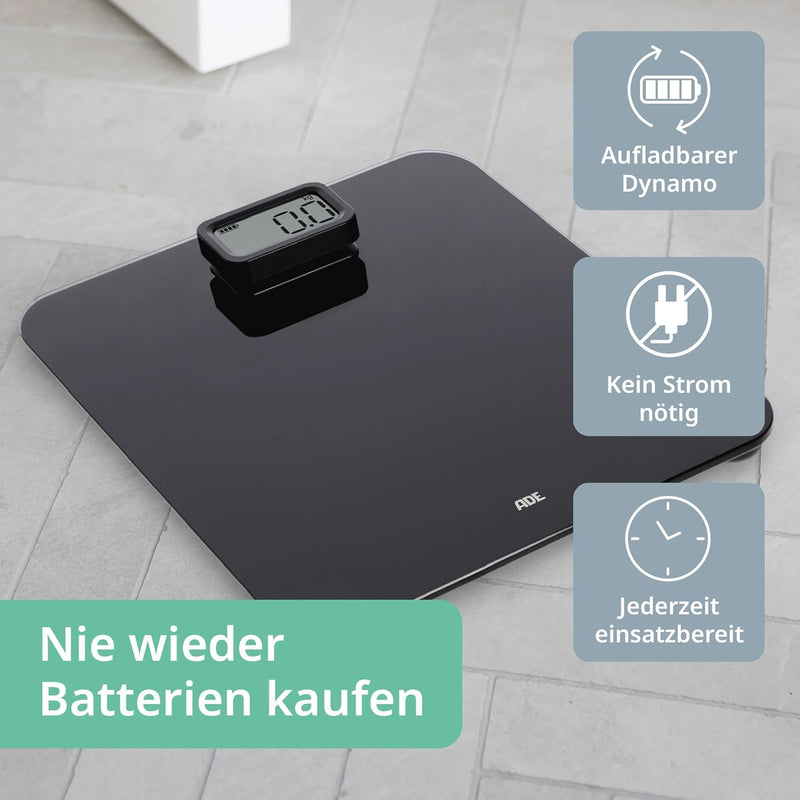 ADE Personenwaage ohne Batterien mit Dynamo - umweltschonende batterielose Waage | Badezimmer Waage