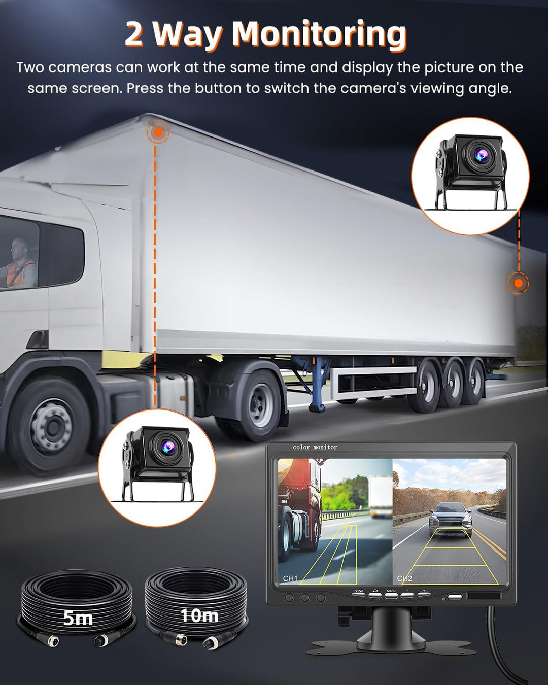 7" IPS-Bildschirm Rückfahrkamera-Kit, 1080P-Kamera, Rauschunterdrückung, IP68 wasserdicht, mit 2 Kam