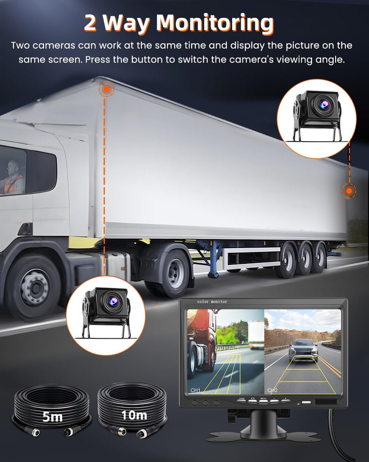 7" IPS-Bildschirm Rückfahrkamera-Kit, 1080P-Kamera, Rauschunterdrückung, IP68 wasserdicht, mit 2 Kam
