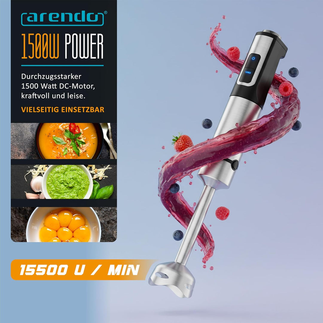 Arendo - Edelstahl Stabmixer 1500 Watt – mini Standmixer mit Trinkflasche Deckel und Messereinheit -